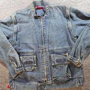 Vintage Denim Utility Jacket Detachable Sleeves Beaded Streetwear Y2K Sz M